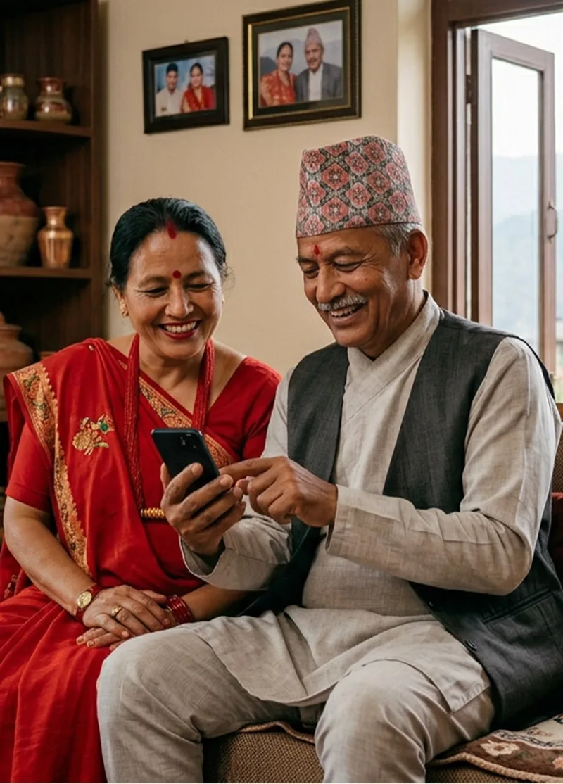 Smiling older couple at home looking at a smartphone together