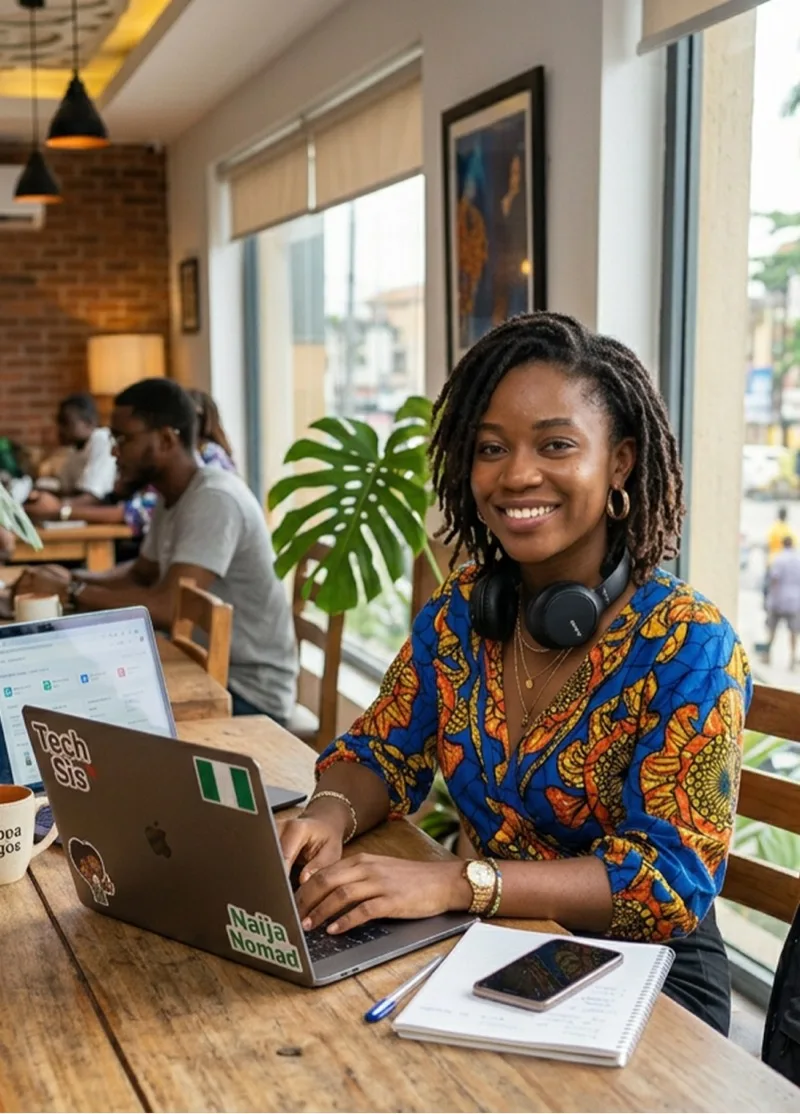 Freelancer working on her laptop in a cafe in Lagos