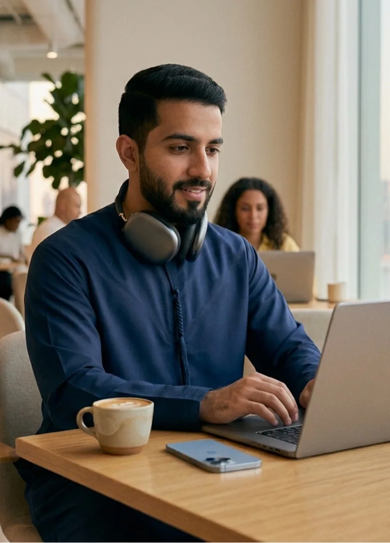 Man with headphones working on a laptop in a bright cafe abroad